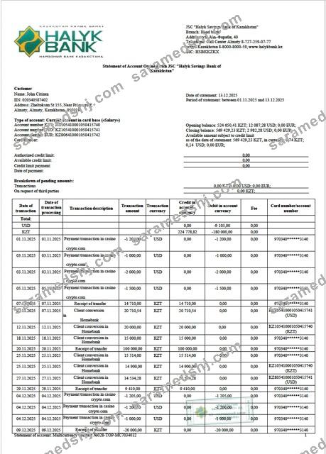 Kazakhstan Halyk Bank statement of account Word and PDF template